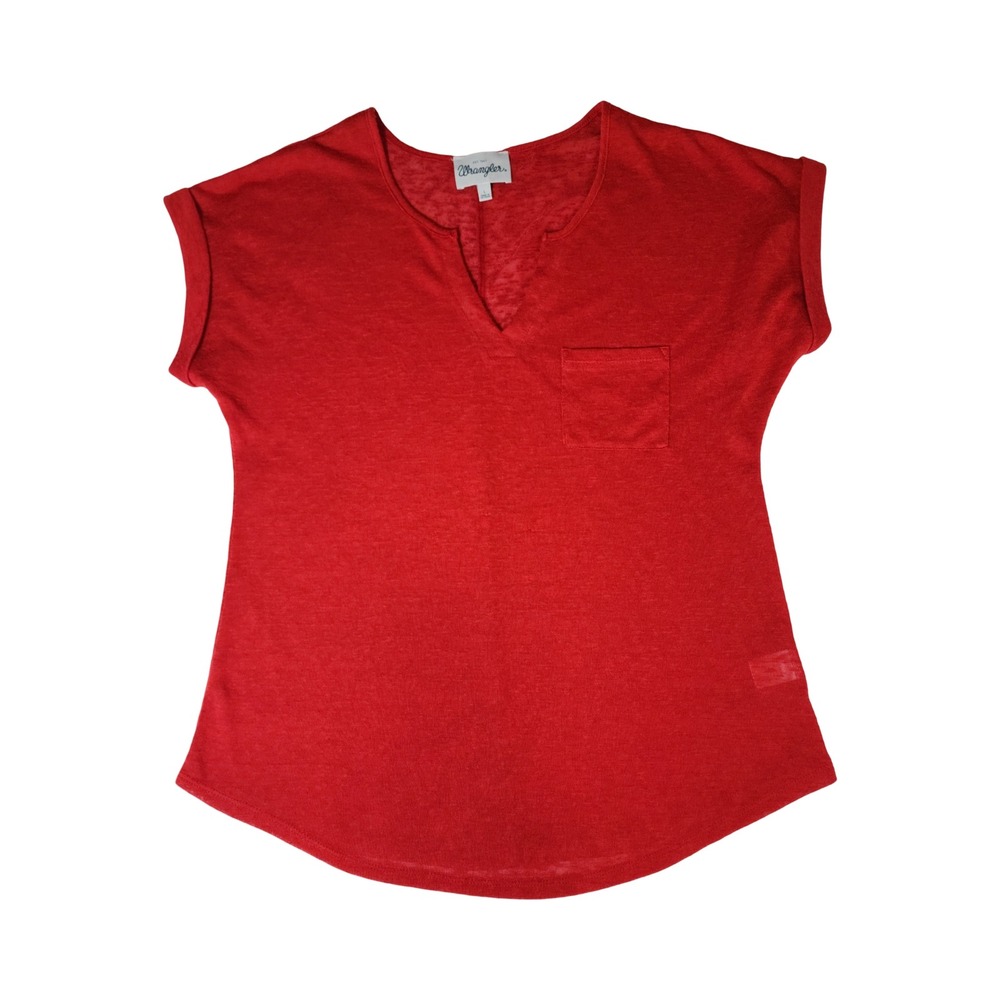 Wrangler Womens Red Split V-Neck Short Sleeve Pocket Tee Slub Knit Top Large